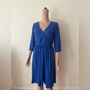 Brand new blue flowy fit and flare empire waist pleated 3/4 sleeve dress elegant